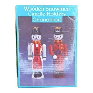 Vintage Wooden Snowmen Candle Holders w Box Christmas Decor